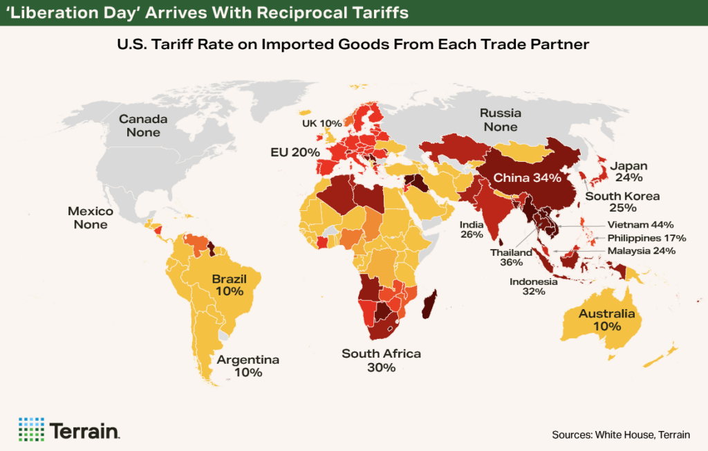 Map - Tariffs April2025 World map showing the percentages of tariffs on U.S. trade partners