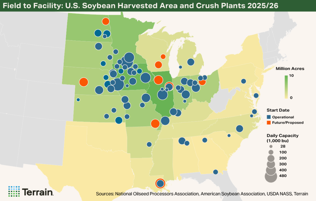 Q1 2026 Soybean Crush map - Field to Facility: U.S. Soybean Harvested Area and Crush Plants 2025/26 Q1 2026 Soybean Crush map - Field to Facility: U.S. Soybean Harvested Area and Crush Plants 2025/26