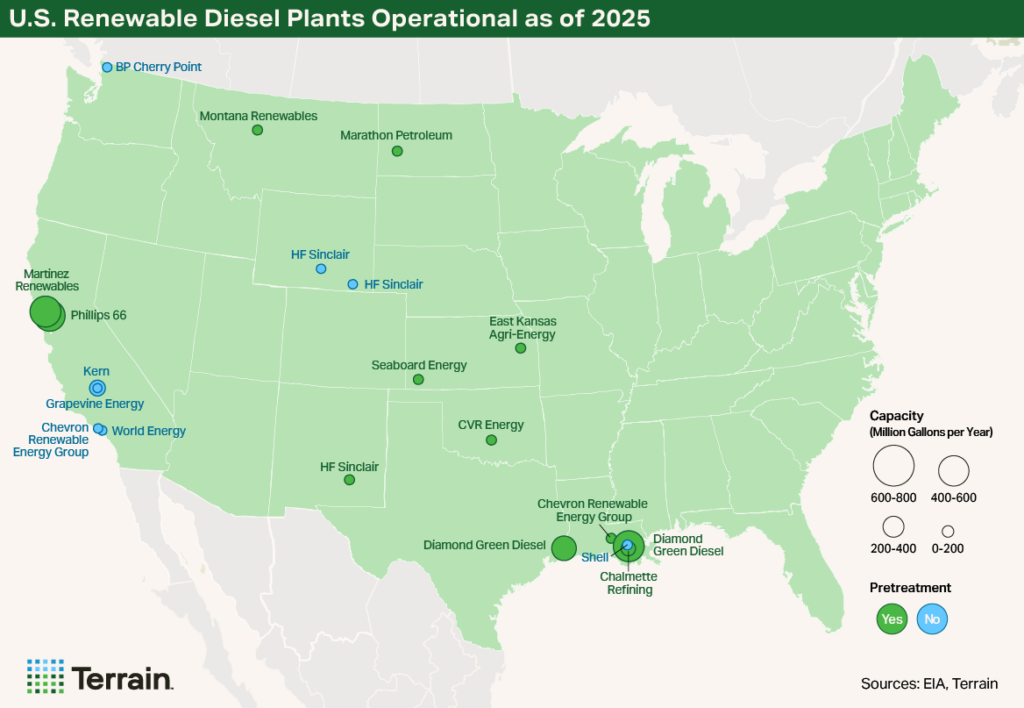 Map Soyoil Demand March 2026 - U.S. Renewable Diesel Plants Operational as of 2025 Map Soyoil Demand March 2026 - U.S. Renewable Diesel Plants Operational as of 2025